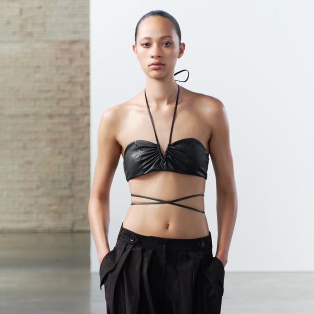 Zara vegan leather black crop top strappy bralette sz.S